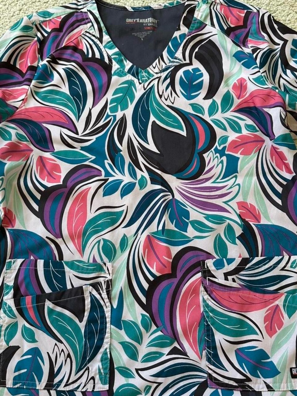 Grey's Anatomy Floral Print Scrub Top in Teal, Pink & Black SIZE LARGE